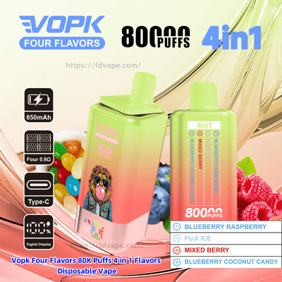 Two gradient green-to-pink VOPK Four Flavors disposable vape devices in an ad—one with a lion graphic and the other showing a 4-in-1 flavor list (blueberry raspberry, fuji ice, mixed berry, blueberry coconut candy)—with prominent '80,000 puffs' and '4in1' text, icons for 650mAh battery, Type-C charging and digital display, and a background of berries and jellybeans.