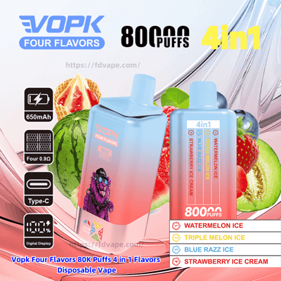 Two gradient blue-to-pink VOPK disposable vape devices shown against sliced fruit, marked 4-in-1 and 80,000 puffs, advertising four flavors (watermelon ice, triple melon ice, blue razz ice, strawberry ice cream) and icons for 650mAh battery, Type-C charging, four 0.9Ω coils and a digital display.