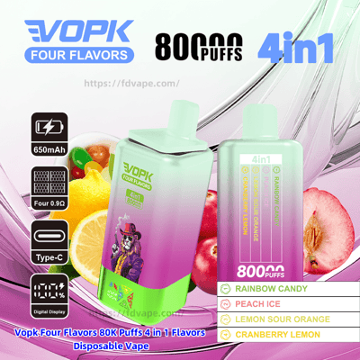 Advertisement showing two pastel mint-to-pink VOPK Four Flavors 4‑in‑1 disposable vapes labeled 80,000 puffs with icons for 650 mAh battery, Type‑C charging and digital display, alongside a flavor list (Rainbow Candy, Peach Ice, Lemon Sour Orange, Cranberry Lemon) over a fruit background.