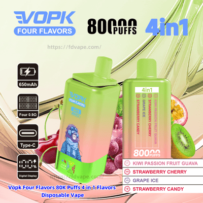 Two lime-green gradient VOPK disposable vapes — one with a blue lion graphic and the other showing a 4‑in‑1 flavor panel listing Kiwi Passion Fruit Guava, Strawberry Cherry, Grape Ice and Strawberry Candy — set against fruit images (kiwi, passionfruit, grapes, cherries) with icons for 650mAh battery, Type‑C charging, 0.9Ω coils and digital display and text advertising 80K puffs and 4in1.