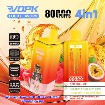 Promotional image for VOPK Four Flavors disposable vape showing two yellow‑orange gradient rectangular devices with mouthpieces, large “80,000 puffs” and “4in1” labels, icons for 650mAh battery, Type‑C charging and digital display, and a flavor list with accompanying fruit images (Red Bull Ice; Passion Fruit Kiwi Lime; Sour Apple Raspberry; Strawberry Watermelon Bubblegum).