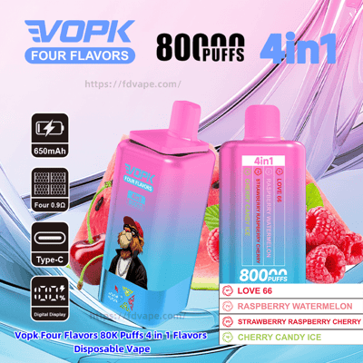Two pink-to-blue gradient VOPK Four Flavors disposable vapes — one front-facing with a dog illustration and one back-facing showing a 4-in-1 flavor list — advertised as 80,000 puffs with 650mAh battery, Type-C charging and digital display, set against watermelon and raspberry imagery and listing flavors Love 66, Raspberry Watermelon, Strawberry Raspberry Cherry, and Cherry Candy Ice.