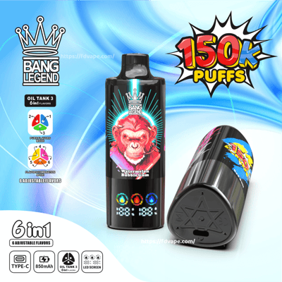 Two black cylindrical Bang Legend vape devices with neon graphics and LED indicators, labeled Watermelon Bubble Gum, displayed on a blue swirled background with a bold "150K PUFFS" callout and icons noting 6-in-1 adjustable flavors, Type-C charging and an 850mAh battery.