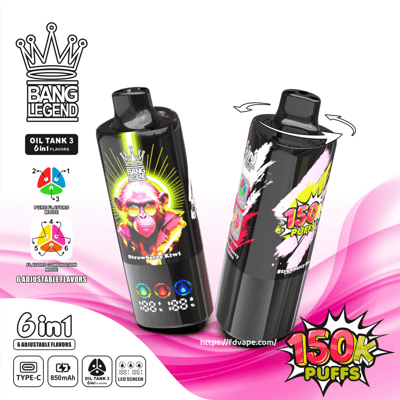 Two glossy black cylindrical Bang Legend vaping devices with colorful pop-art labels and crown logo, one labeled Strawberry Kiwi and both showing LED icons near the base, arrows indicating a rotatable top to switch among six adjustable oil-tank flavors, and a bold 150k puffs badge against a pink wave background with small icons for Type-C, 850mAh, and 6-in-1 flavors.