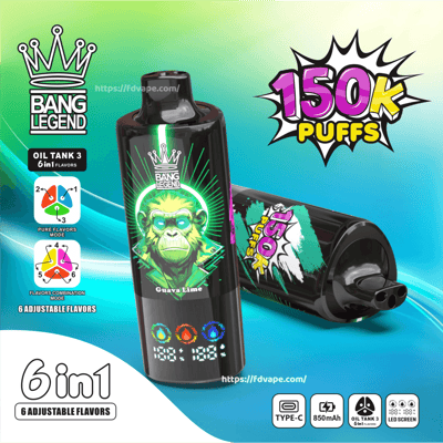 Advertising image showing two black Bang Legend vape devices with neon-green accents and crown logo, front device labeled Guava Lime with a colorful LED display; prominent '150K PUFFS' burst, '6 in 1 / 6 adjustable flavors' text and icons for Type-C charging, 850mAh battery, oil tank 3 and LED screen on a green-blue gradient background.
