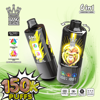 Two glossy black Bang Legend disposable vape devices with a crowned monkey logo and flavor icons, highlighting '6 in 1' adjustable flavors and '150K puffs' on a green swirled background, with small icons for Type-C charging, 850mAh battery, oil tank and LED screen.