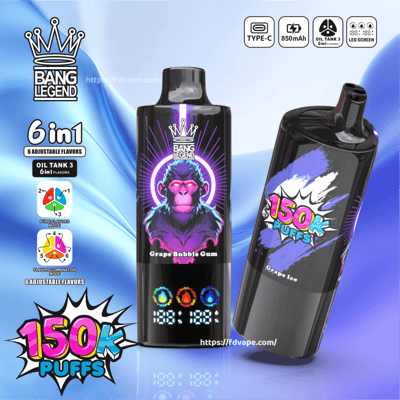Two black Bang Legend disposable vape devices on a glossy blue wavy background, one displaying neon purple wolf artwork and an LED-style icon panel labeled Grape Bubble Gum, the other tilted to show a colorful 150K PUFFS graphic and the label Grape Ice, with promotional text noting 6 in 1 adjustable flavors and icons for Type-C, 850mAh, oil tank and LED screen.