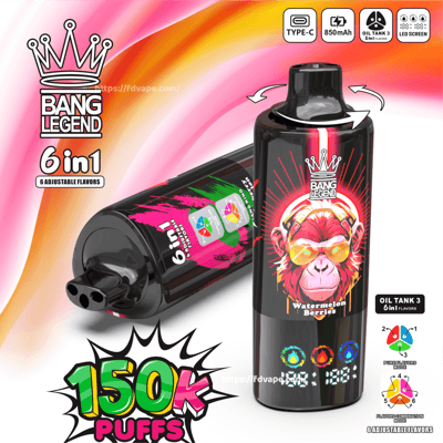 Promotional image of two black Bang Legend 6-in-1 vape devices on a pink-orange gradient background — one upright with neon monkey artwork labeled Watermelon Berries, LED indicators and arrows showing a rotating mouthpiece, and one lying down showing flavor icons, plus badges for Type-C charging, 850mAh battery, 6 adjustable flavors and a bold 150k puffs claim.