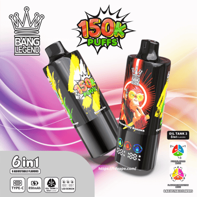 Two glossy black Bang Legend disposable vape devices with colorful labels—one showing a stylized monkey—and a comic-style “150K PUFFS” badge, set against a purple-pink swirled background with icons noting 6-in-1 adjustable flavors, Type-C charging, 850mAh battery and an LED screen.