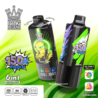 Two glossy black Bang Legend vape devices with mouthpieces are shown on a vibrant green background, accompanied by a crown logo, bold "150K PUFFS" and "6 in 1" graphics, the flavor label "Apple Grape", and icons indicating Type‑C charging, 850mAh battery, oil tank with six adjustable flavors, and an LED screen.