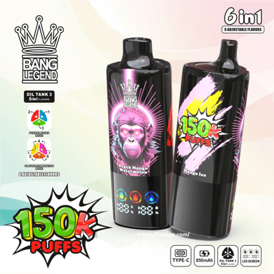 Two glossy black Bang Legend disposable vapes side by side, one front-facing with a neon pink monkey graphic and 'Peach Mango Watermelon' label plus LED indicators, the other angled showing a colorful '150K PUFFS' badge and 'Mango Ice' text, with small icons denoting 6-in-1 adjustable flavors, Type‑C charging and 850mAh battery.