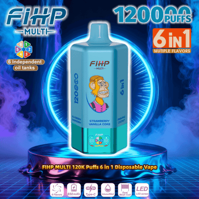Blue FiHP Multi disposable vape in a hexagonal shape with a cartoon monkey on the front, displayed on a glowing neon pedestal and labeled "12000 puffs" and "6-in-1 multiple flavors" with icons indicating six independent oil tanks, 650 mAh battery and Type‑C charging.