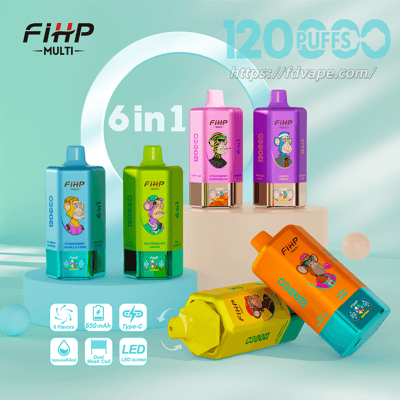 Six FiHP Multi disposable vape devices in bright teal, green, pink, purple, orange and yellow arranged on pastel pedestals with prominent '6 in 1' and '120 puffs' branding, cartoon flavor art on each device and small icons showing 6 flavors, 650mAh battery, Type‑C charging, 64ml volume, dual mesh coil and LED screen.