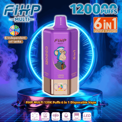 Purple FiHP Multi 6-in-1 disposable vape device with a cartoon monkey illustration, prominently labeled “12000 puffs” and “6 in 1,” shown on a glowing blue pedestal with smoky neon background and small icons indicating 6 flavors, 650mAh, Type-C charging, 64ml volume and LED display.