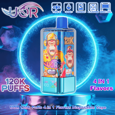 Vaporizzatore monouso verde acqua metallizzato mostrato su un anello al neon luminoso e un piedistallo, caratterizzato da un'etichetta colorata con due scimmie animate e etichette dei sapori (Anguria alla fragola, Ghiaccio nero), icone del prodotto per tipo C, 64 ml, 650 mAh e bobina a rete, e testo in evidenza che pubblicizza boccate da 120.000 e gusti 4 in 1.