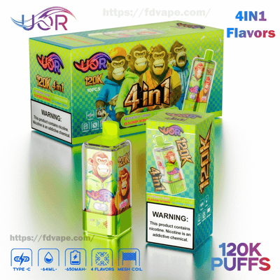 Bright lime-green boxed disposable vape kit with a matching device and smaller retail box, featuring cartoon chimpanzees, bold "4in1" and "120K PUFFS" text, flavor icons and a prominent nicotine warning label, plus Type-C and battery/coil specification icons on the packaging.