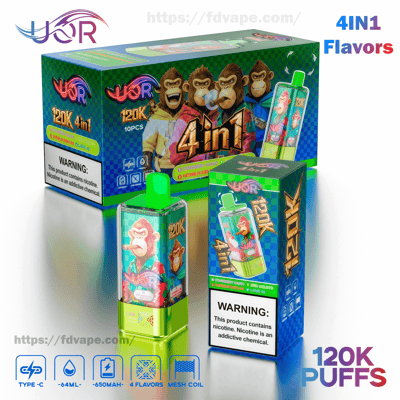 Colorful product display of a vape device and matching packaging featuring cartoon apes and bold '4 in 1' and '120K Puffs' branding, with a warning label and icons showing Type-C charging, 64 mL, 650 mAh, four flavors, and mesh coil specifications.