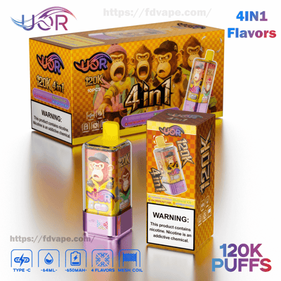 Bright yellow-orange checkered retail box and matching disposable vape device branded UQR with cartoon ape characters, prominent 4-in-1 and 120K puffs labels, a yellow mouthpiece and purple base, a visible nicotine warning label, and icons indicating Type-C charging, 64 mL capacity, 650 mAh battery, four flavors and mesh coil.