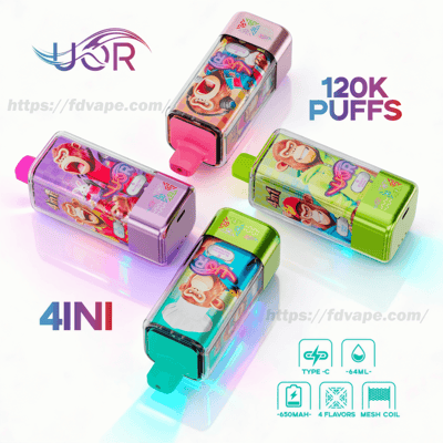 Four colorful rectangular disposable vape devices with cartoon monkey artwork and pink, green, and teal mouthpieces arranged on a reflective white surface, with text reading "120K PUFFS" and "4IN1" and small icons indicating Type-C, 64ml, 650mAh, 4 flavors and mesh coil.