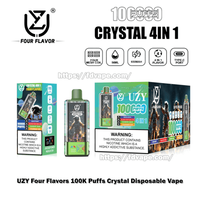 Packaging and product photo of the UZY Crystal 4-in-1 disposable vape: a clear rectangular device with green mouthpiece, retail and display boxes labeled 100,000 puffs and Four Flavor, icons for four-mesh coil, 56ml, 650mAh and Type‑C, flavor names and nicotine warning.