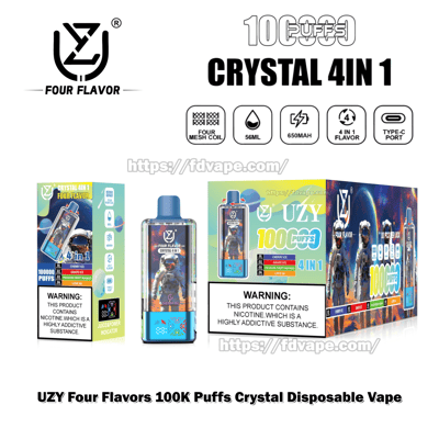 Product display for UZY Crystal 4‑in‑1 disposable vape showing the device and three packaging boxes with colorful space‑themed artwork and astronaut illustration, branding ‘Four Flavor/UZY’, icons for four mesh coil, 56 ml capacity, 650 mAh battery, Type‑C charging and 4‑in‑1 flavors, claim of up to 100,000 puffs, and prominent nicotine warning labels.