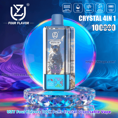 Shiny blue rectangular disposable vape device featuring an astronaut graphic and 'Four Flavor Crystal 4 in 1' branding, staged on a faceted crystal pedestal against a swirling blue-purple background with icons and text indicating 56ml, 650mAh, Type‑C and '100K puffs'.
