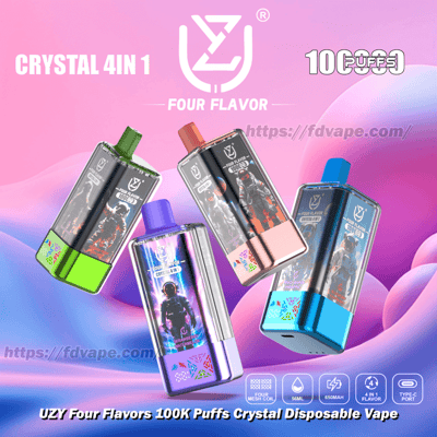 Four colorful UZY Crystal 4-in-1 disposable vapes (green, purple, pink and blue) with astronaut artwork floating on a pink‑purple gradient background, branded with 'Four Flavor' and '100K puffs' text.