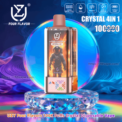 Rose-gold UZY Crystal 4-in-1 disposable vape with astronaut graphic displayed on a faceted crystal pedestal against a glowing blue-purple circular backdrop, surrounded by branding and icons noting 100K puffs, four flavors, 56ml capacity and Type-C charging.