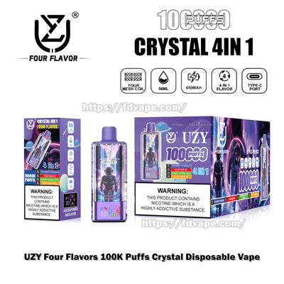 Purple UZY Crystal 4-in-1 disposable vape displayed with matching retail boxes showing astronaut space artwork, '100K puffs' branding, icons for four-mesh coil, 56 mL, 650 mAh, 4-in-1 flavor and Type-C port, and nicotine warning labels.