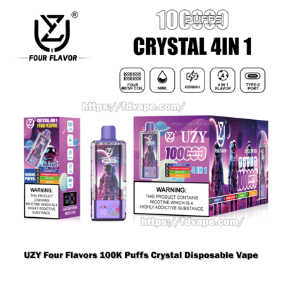 Product display showing UZY 'Crystal 4in1' disposable vape and matching purple galaxy packaging with an astronaut illustration, labeled 100,000 puffs and icons for four mesh coil, 56 mL, 650 mAh, 4‑in‑1 flavor and Type‑C port, plus prominent nicotine warning labels.
