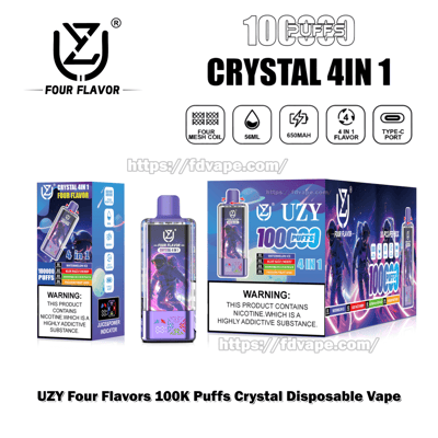 Product display of the UZY Crystal 4-in-1 disposable vape showing a purple-blue device and two retail boxes with cosmic artwork and '100K puffs' branding, icons for four mesh coil, 56ml liquid, 650mAh battery, 4-in-1 flavor and Type-C port, plus nicotine warning labels.