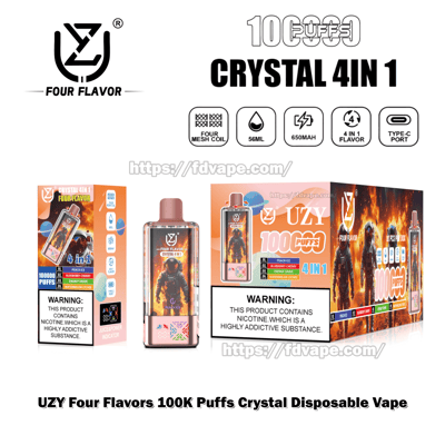 Pink UZY Crystal 4-in-1 disposable vape with astronaut-and-fire artwork shown between its individual box and larger retail display box, with branding reading CRYSTAL 4IN1 and 100 PUFFS, icons for four mesh coil, 56ml, 650mAh, Type-C port, and visible nicotine warning labels.