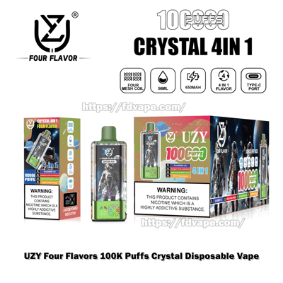 Product display of UZY Crystal 4‑in‑1 disposable vape and retail boxes featuring space-themed artwork with an astronaut, UZY Four Flavor logo, labels for 100000/100 puffs, icons for four mesh coil, 56 mL, 650 mAh, Type‑C port and 4‑in‑1 flavor, and a prominent nicotine addiction warning.
