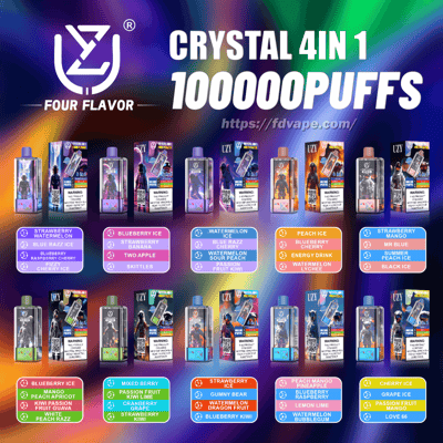 Colorful promotional poster for UZY Crystal 4-in-1 disposable vapes featuring the UZY Four Flavor logo, bold text reading CRYSTAL 4IN1 100000 PUFFS, a rainbow gradient background, the URL fdvape.com, and a grid of boxed devices with small flavor lists beneath each.