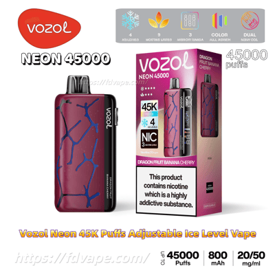 Vozol Neon 45000 disposable vape device in red with blue vein pattern beside its magenta box labeled Dragon Fruit Banana Cherry, showing 45K puffs, adjustable ice levels, and a nicotine addiction warning.