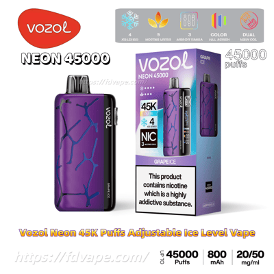 Purple Vozol Neon 45000 disposable vape with a black edge and branching vein design displayed beside its purple 'Grape Ice' box, advertising 45,000 puffs, adjustable ice levels and containing a nicotine warning.