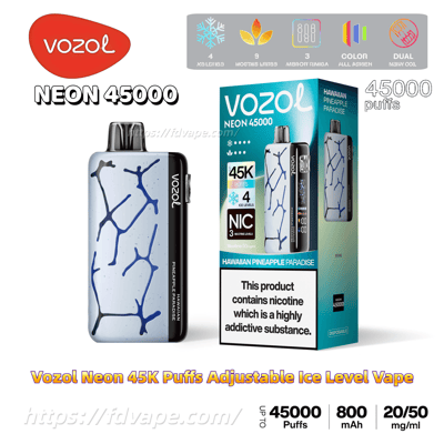 Vozol Neon 45000 disposable vape and packaging showing a blue-and-white cracked-pattern pod and box labeled Hawaiian Pineapple Paradise, advertising up to 45,000 puffs, adjustable ice levels and nicotine strengths along with a nicotine addiction warning.