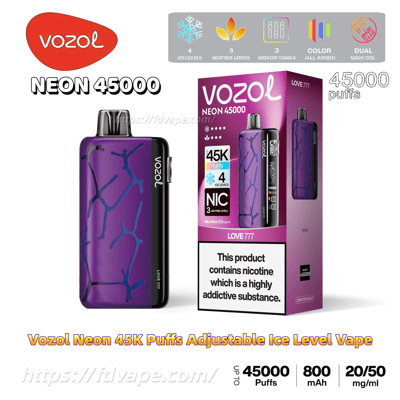 Purple Vozol Neon 45000 disposable vape with a black cracked pattern and mouthpiece shown beside its matching pink-purple box advertising 45,000 puffs, adjustable ice levels, nicotine strength, and a nicotine warning.