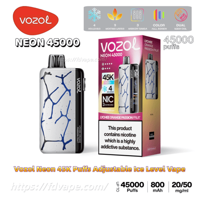 White Vozol Neon 45000 disposable vape device with a blue branching pattern and black side next to its magenta-to-gold retail box labeled Neon 45000 and Lychee Orange Passion Fruit, showing 45K puffs, ice-level and nicotine icons, battery and nicotine strength indicators, and a prominent nicotine addiction warning.