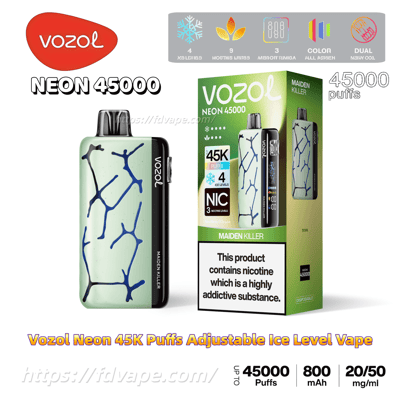 Pale green Vozol Neon 45000 disposable vape with dark blue crack pattern and black side panel labeled 'Vozol' and 'Maiden Killer' shown next to its green product box marked 'Neon 45000' and icons noting 45,000 puffs, adjustable ice levels, nicotine strength, 800 mAh battery, and a nicotine addiction warning.