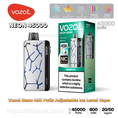 Vozol Neon 45000 Miami Mint disposable vape and retail box, showing a white device with blue branch-like crack pattern and black side panel, packaging highlighting 45K puffs, adjustable ice levels and nicotine strength options, with a nicotine addiction warning label.
