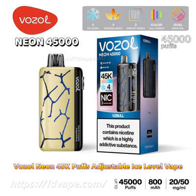 Gold-and-black Vozol Neon 45000 disposable vape with blue crackle pattern shown beside its blue retail box that advertises 45K puffs, adjustable ice levels, nicotine strength and a nicotine addiction warning.