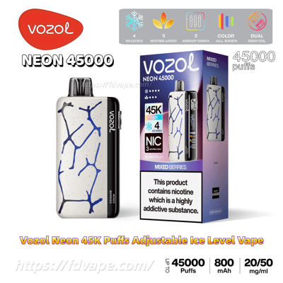 Product shot of a Vozol Neon 45000 disposable vape and its purple-gradient retail box labeled Mixed Berries, featuring the white device with blue branching crack pattern, badges for 45K puffs, adjustable ice and nicotine levels, and a prominent nicotine addiction warning on the packaging.
