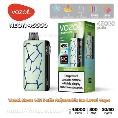 Green Vozol Neon 45000 disposable vape with dark blue crack-like pattern and black side branding pictured next to its matching green box labeled “Sour Apple Ice” and “45K puffs,” with a visible nicotine addiction warning and icons for adjustable ice levels and product specs.