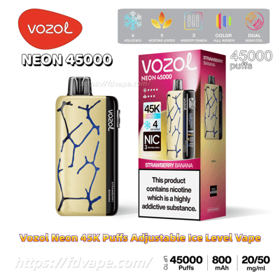 Vozol Neon 45000 disposable vape and its pink gradient box showing a beige device with blue crack pattern, labeled Strawberry Banana with icons and text indicating 45,000 puffs, adjustable ice levels, nicotine warning and product specs.