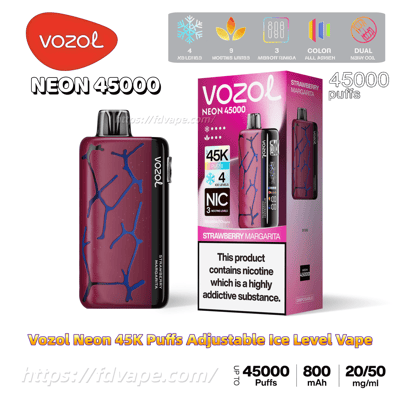 Vozol Neon 45000 disposable vape in Strawberry Margarita shown with the maroon rectangular device featuring a blue crack-like pattern and black mouthpiece beside a pink product box labeled 45K puffs, ice-level icons, nicotine warning and specs (up to 45,000 puffs, 800 mAh, 20/50 mg/ml).