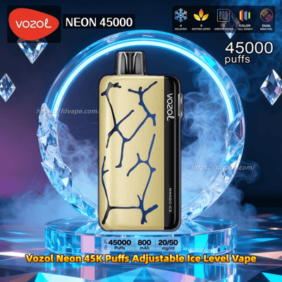Advertisement showing a gold-and-black Vozol Neon 45000 disposable vape with blue crack-like pattern and vertical VOZOL label, centered in a glowing crystal neon ring with smoke and surrounding text and icons stating 45,000 puffs, 800 mAh, 20/50 mg/ml nicotine and the tagline 'Vozol Neon 45K Puffs Adjustable Ice Level Vape'.
