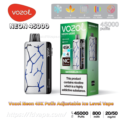 Product image of a Vozol Neon 45000 disposable vape and its green 'Watermelon Ice' box, showing a white device with a blue crack pattern and black edge labeled Vozol, prominent '45K/45000 puffs' branding, a nicotine warning panel, and icons for adjustable ice levels, 800 mAh battery and 20/50 mg/ml strength.