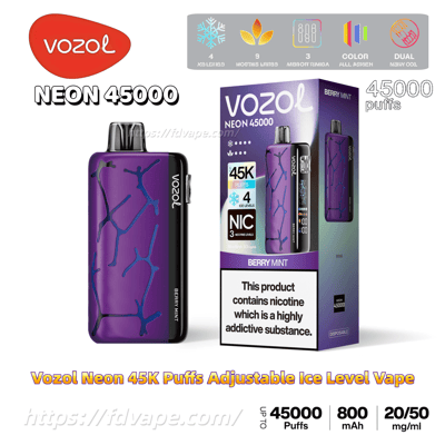 Purple Vozol Neon 45000 disposable vape with a blue cracked-pattern finish shown beside its Berry Mint box featuring the Vozol logo, '45K puffs' claim, adjustable ice-level icons and a nicotine addiction warning.