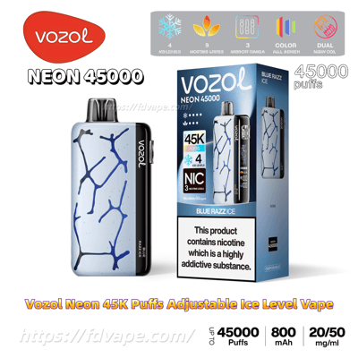 Vozol Neon 45000 product shot showing a light blue disposable vape with dark blue crack-like pattern beside its retail box labeled 'Blue Razz Ice' and '45,000 puffs,' with a prominent nicotine-warning panel and icons indicating adjustable ice level, battery capacity and nicotine strength.